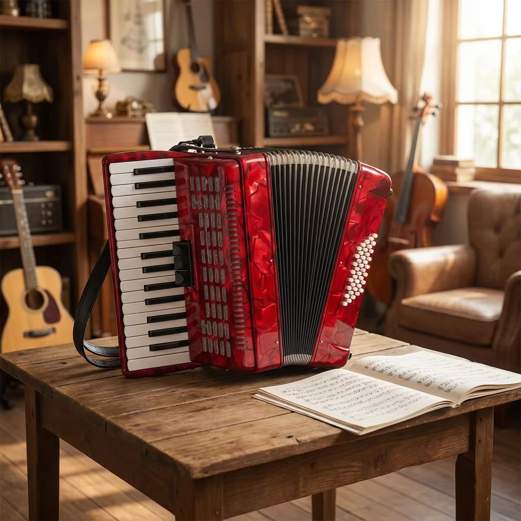 OEM High Quality Professional 30 Keys 48 Bass 3 Registers Red Blue Celluloid Wood Portable Piano Keyboard Accordion Chromatic view 6