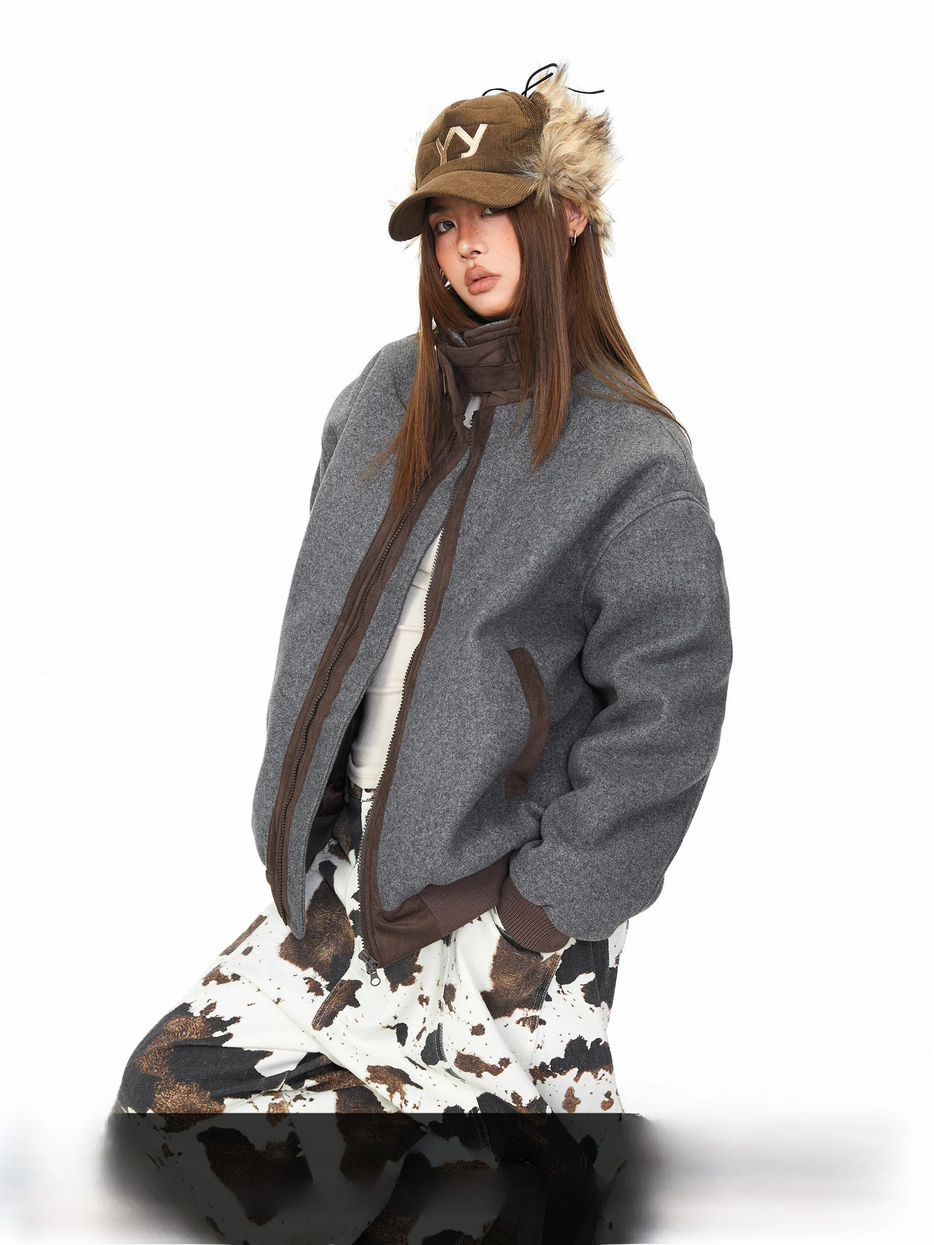 

Зимняя утепленная хлопковая куртка Blabb Color Blo с шерстяным воротником, повседневная свободная верхняя одежда для пар, ретро-дизайн, длинный рукав, на молнии