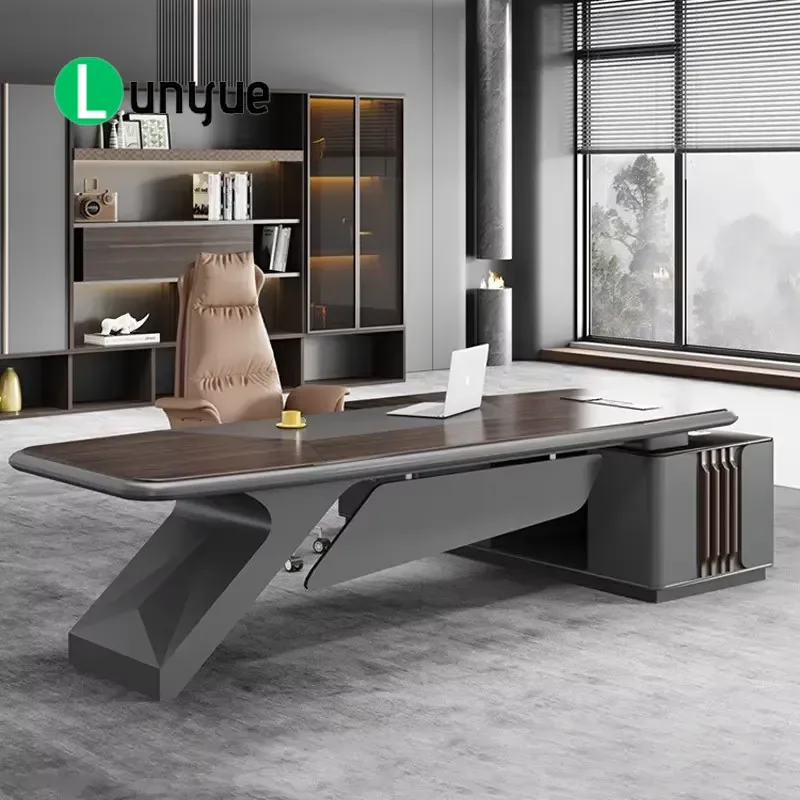 Modern Luxury Walnut Veneer L Shaped Executive Desk With Side Cabinet Combination Lock For Manager Office Furniture