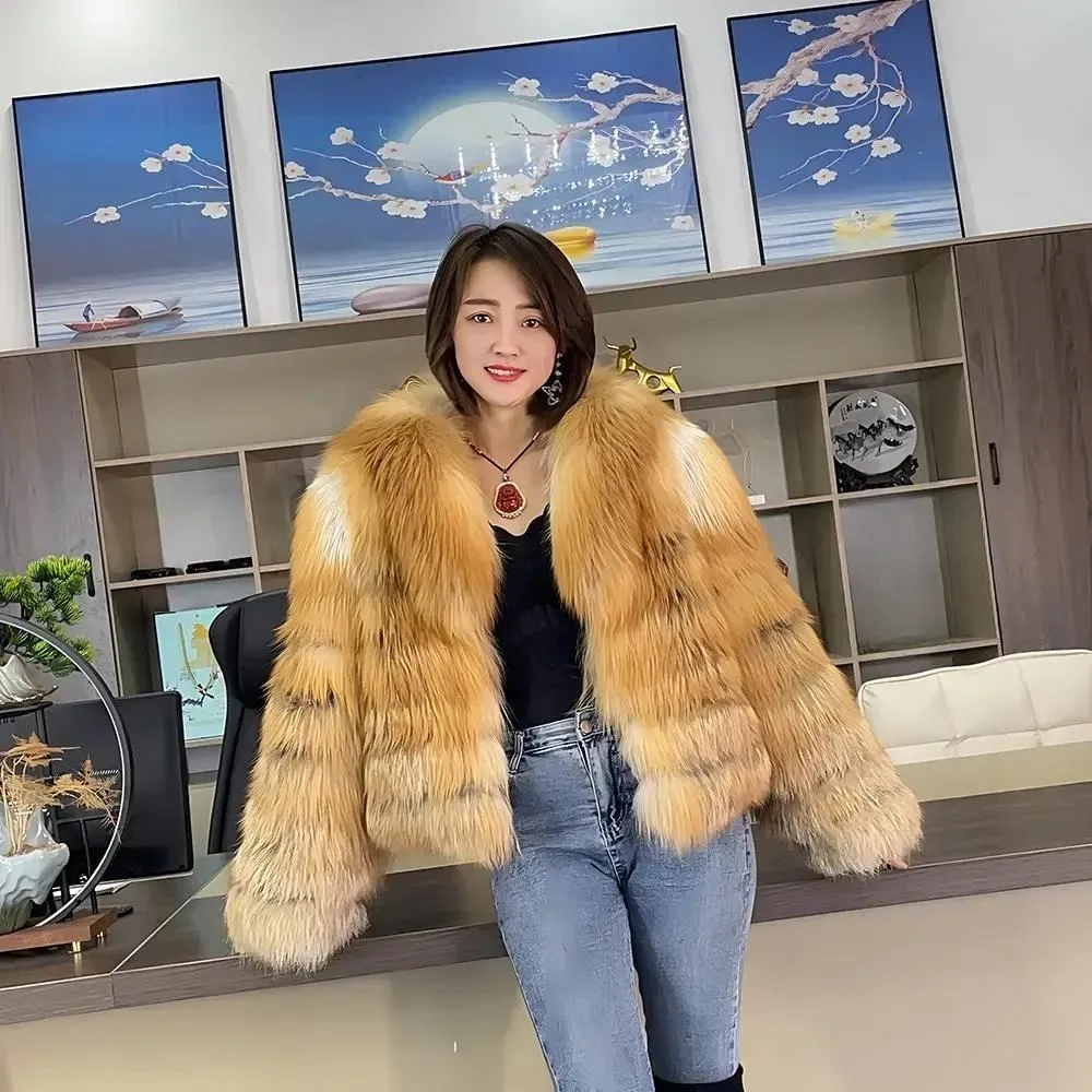 

Hot-selling new imported red fox fur coat for women short style whole leather fox fur coat fashionable and slim