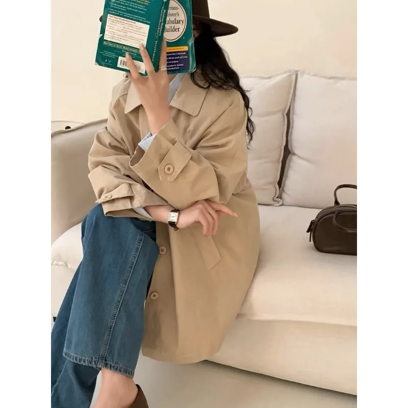 Korean Version Khaki Trench Coat Small Medium and Long Spring and Autumn New Lapel Design Casual Tooling Foreign Style Top