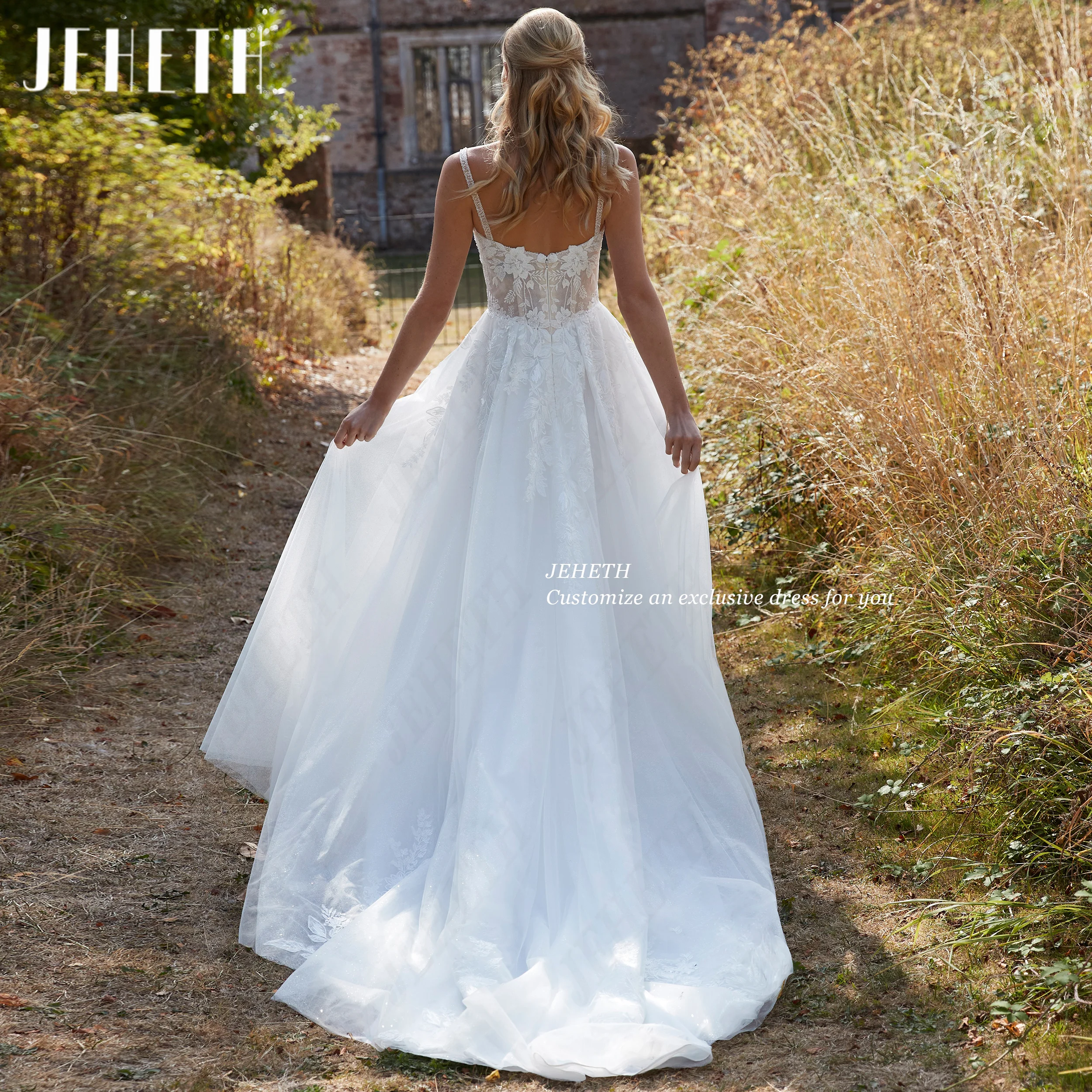 JEHETH Sparkled Tulle Wedding Dresses Lace Applique Bride Party Dress Spaghetti Straps халат свадебный For Women Customized