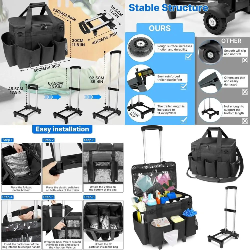 

Portable Large Cleaning Bag with Wheels, Detachable Trolley and Lid, Organizer for Cleaning Supplies, Shoulder Strap, Thickened