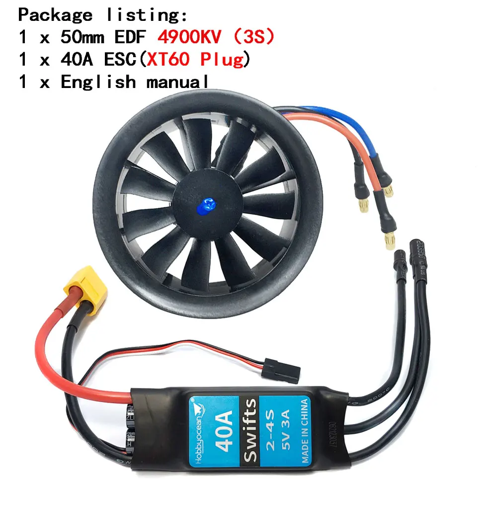 Hobbyocean 40A ESC 50mm EDF Duct Fan 4900KV 4300KV 11 Propeller Brushless Motor Rc Jet Airplane EDF Plane