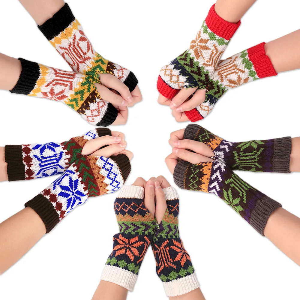 Colorful Fingerless Hand Gloves for Teens Girl Christmas Theme Knitted Mittens Cuffs Gloves Women Winter Warm Oversleeves