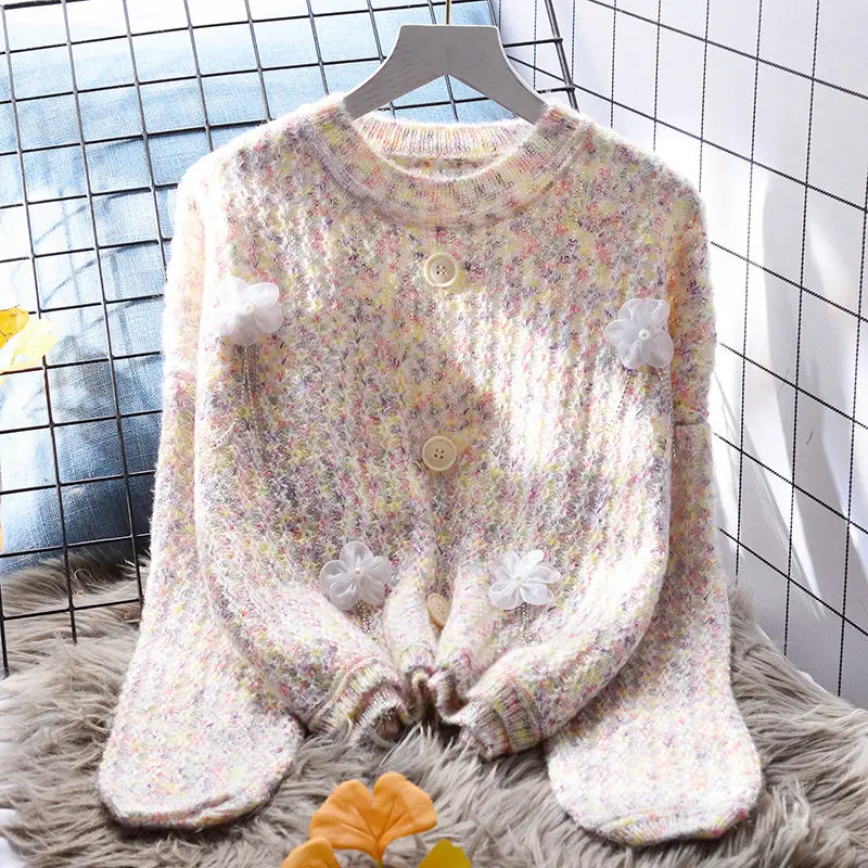 DAYIFUN Lazy Style O Neck Knitted Pullovers Women Sweet Flower Decoration Design Sweaters Autumn New Japanese Loose Jumpers Top