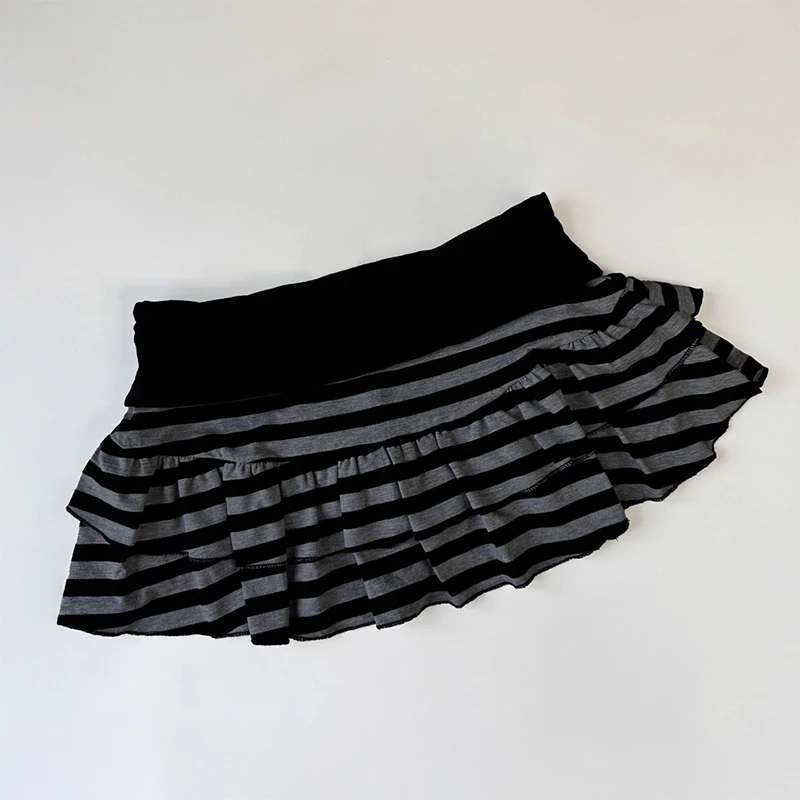 Women's Striped Mini Skirt with Ruffle Hem Black Gray Micro Mini Low Rise Y2K Skirt Millennium
