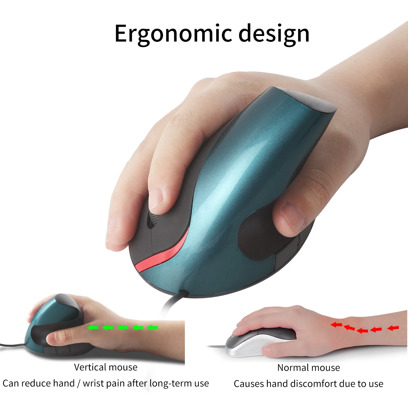 Rullo antiscivolo per mouse verticale cablato con tasti laterali Pulsante basso Uso ufficio Sistema di progettazione ergonomica Mouse universale per PC portatile