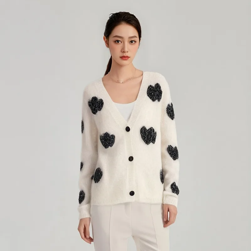 Pulls amples à col en v pour femmes, gris et blanc, avec motif Floral et cœur, Cardigan en tricot, pull amincissant polyvalent, hiver