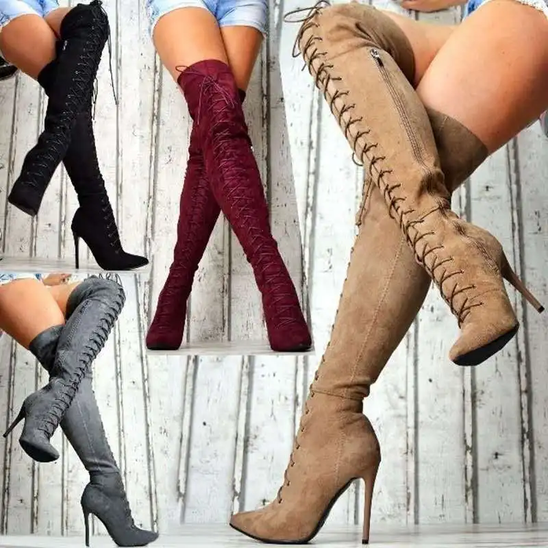 2022 Women Over The Knee Boots Sexy Fashion Lace Up Winter Keep Warm High Heel Thigh Boots Solid Color Ladies Over The Knee Boot