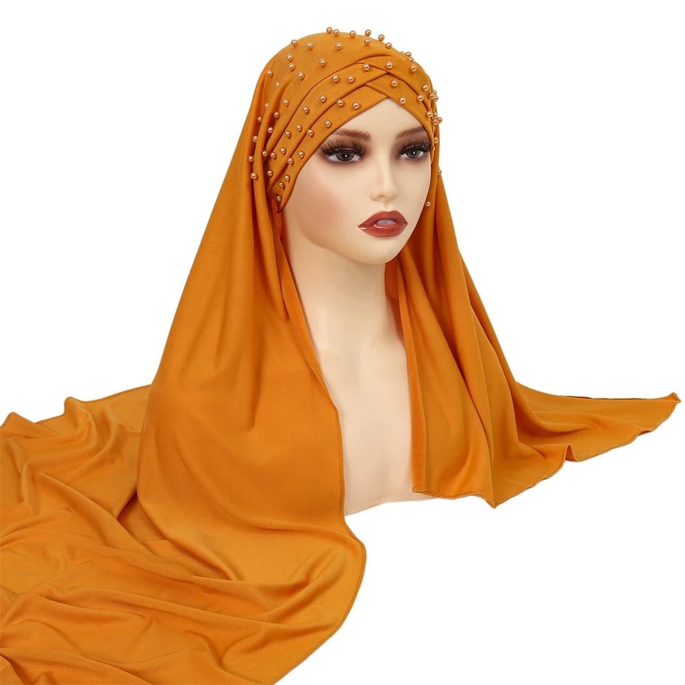 Pull On istantaneo Hijab donne musulmane perline turbante fronte croce sciarpa lunga islamica Amira Headwrap Foulard stola scialle sciarpe nuovo