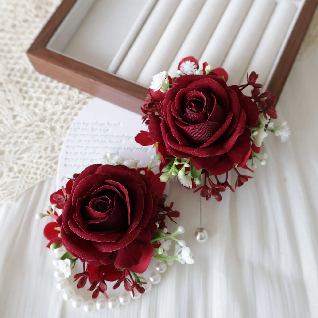

H0037 Dark red Rose Wrist Corsage Wristlet Band Bracelet and Men Boutonniere for Wedding Artificial Flower Prom Decorations