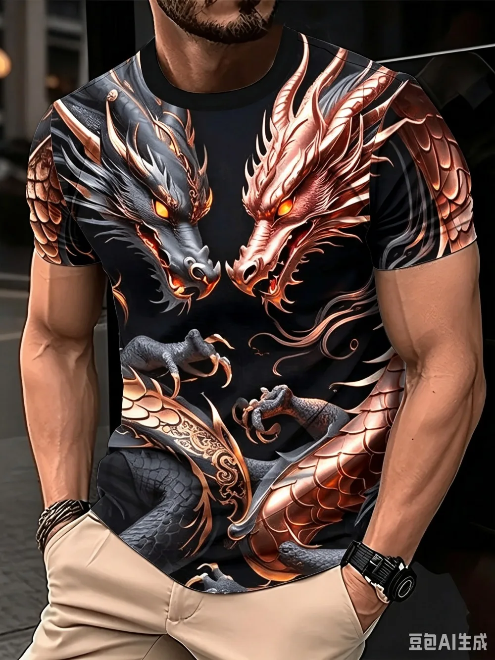 Sommer Neu Leistungsstarkes Schwarzgold Doppeldrachen Herren T-Shirt 3D-Druck Hip-Hop Lässig Atmungsaktiv Schnelltrocknend Outdoor Sport Mode Oberteil – Detail 6