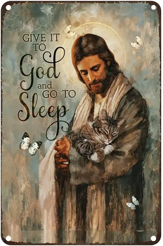 Letrero metálico con cita inspiradora: Jesús increíble, gatito, mariposa hermosa - Délo a Dios y duérmele, y vaya a dormir. Letreros vintage de estaño.