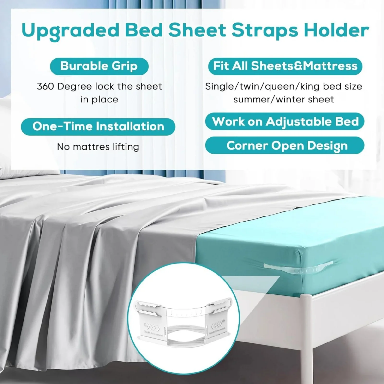 4pcs Lockable sheet holders keep sheets tight Sturdy bed sheet holder corner straps fits all mattress sizes Easy installation