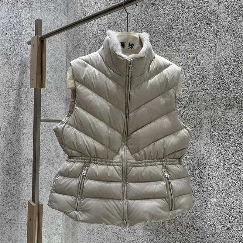 Schinteon Women's White Duck Down Vest Fur Collar Sleeveless Jacket Drawstring Autumn Winter Top Gielt 2026 New Fashion