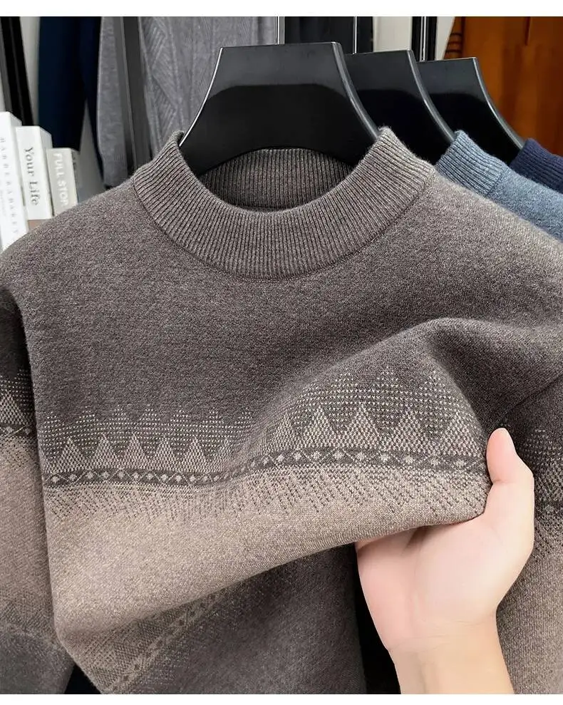 

2025 Heavyweight Jacquard Semi High Neck Long Sleeved Sweater For Men In Winter Fashionable And Versatile Loose Business Base