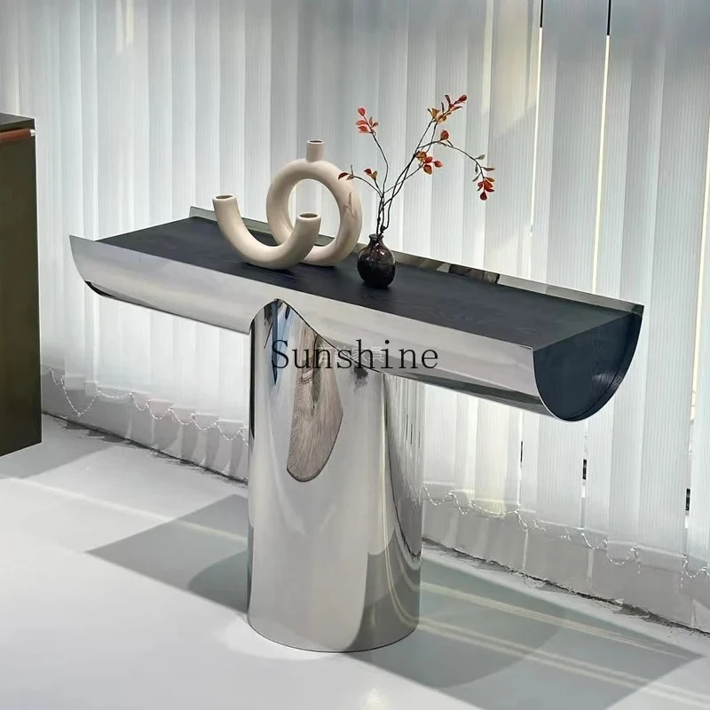 

Italian minimalist stainless steel solid wood porch cabinet household light luxury living room partition