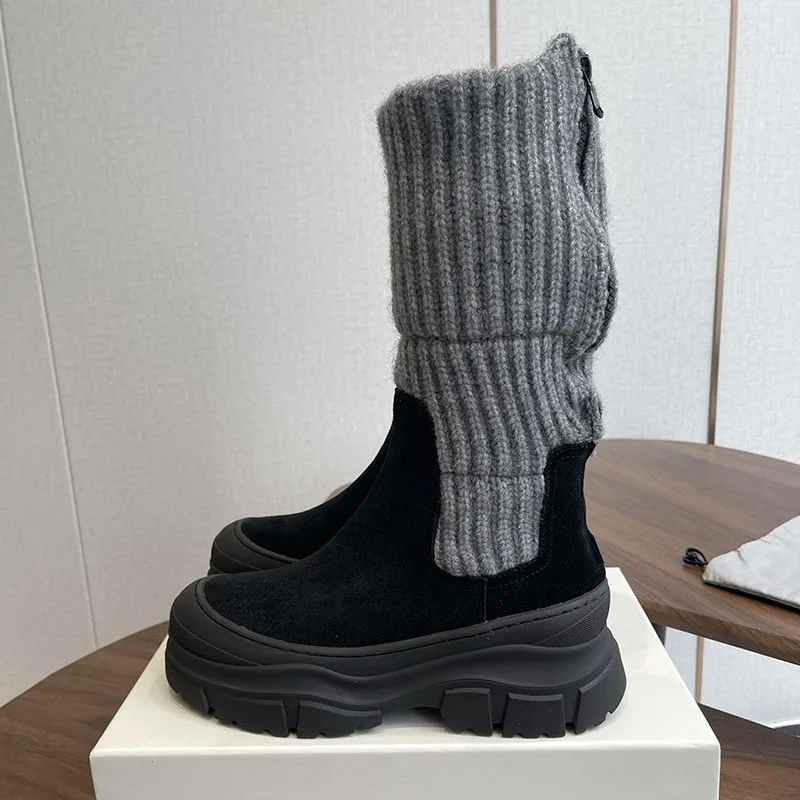 Mid Calf Boots Flat Thick Sole Knitted Socks Boots Women Suede Round Toe Patchwork Short Boots Winter Snow Boots Platform Shoes