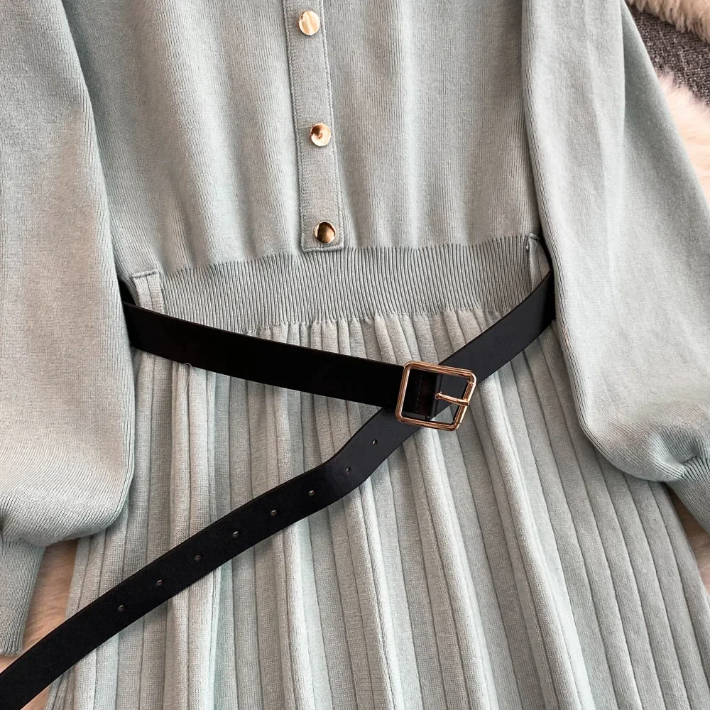French Elegant Lapel Lantern Long Sleeve Single Breasted Knit A-line Dress Slim Fashion Sweater Women Autumn Winter Clothing