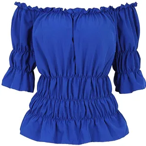 Top Vintage Renaissance Female, Boho -Hemd, aus Schulterhemd, Steampunk -Hemd, mittelalterlicher Cosplay -Fantasie von Piraten, Bauer Fantasy 10 Hauptbauernverkleidungskleidung - №3
