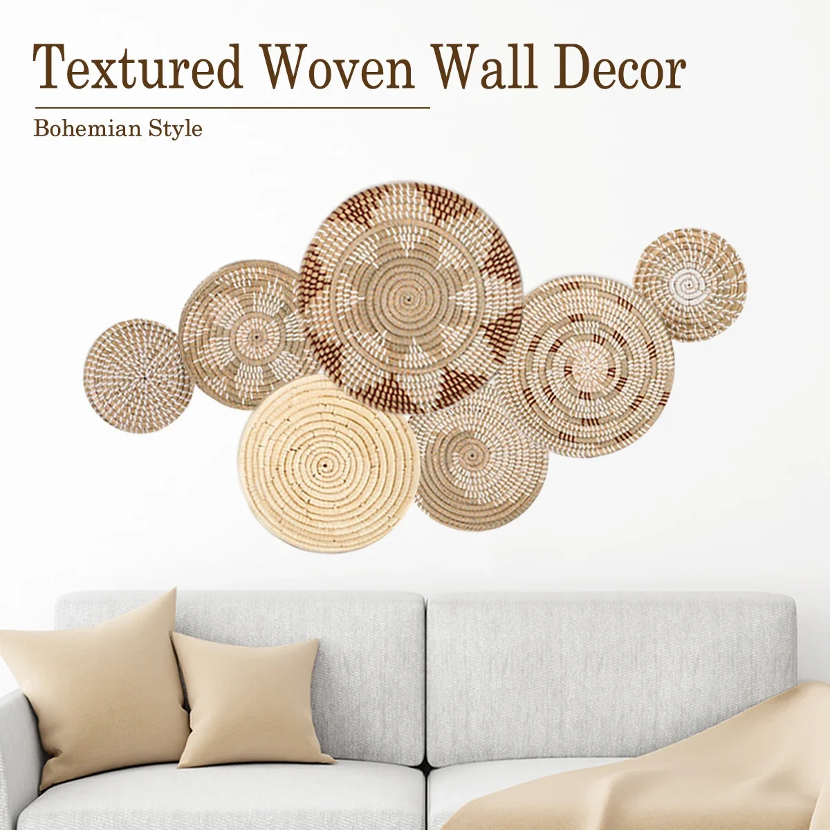 Wall Decor Set of 7 Boho Home Decorations Rattan Wall Decoration Wicker Basket Hanging Wall Baskets Decorative Plates for Wall