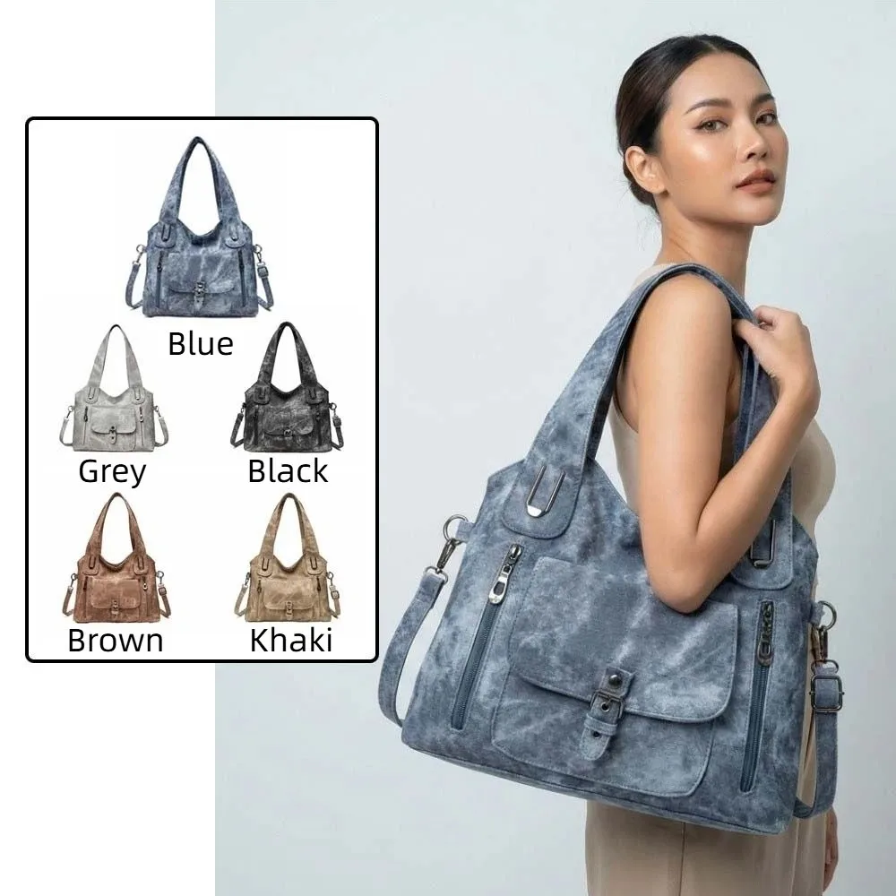 

Tie-dye Handbag Retro Tote Bag Texture Leather Multi-pockets Contrast Color Shoulder Bag Magnetic Button Anti-splash Water