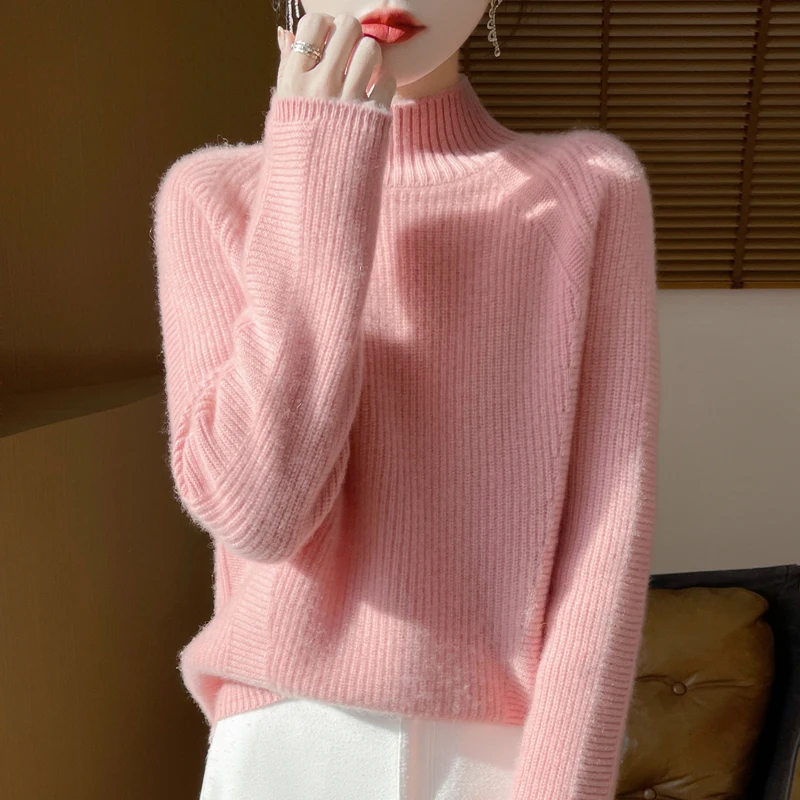 

2025 autumn and winter new 100% pure wool sweater women's high neck thick pullover loose solid color hot selling women's top