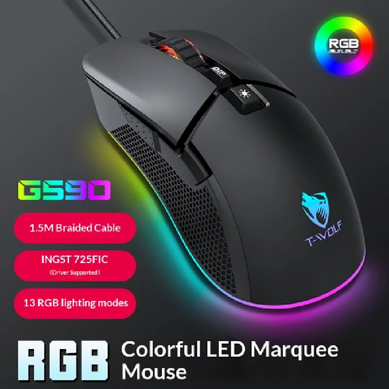 Wired Gaming Mouse Rgb Backlit 13 Lighting Modes 1.5m Braided Cable Adjustable Dpi Ergonomic Design For Pc Laptop Computer Deskt