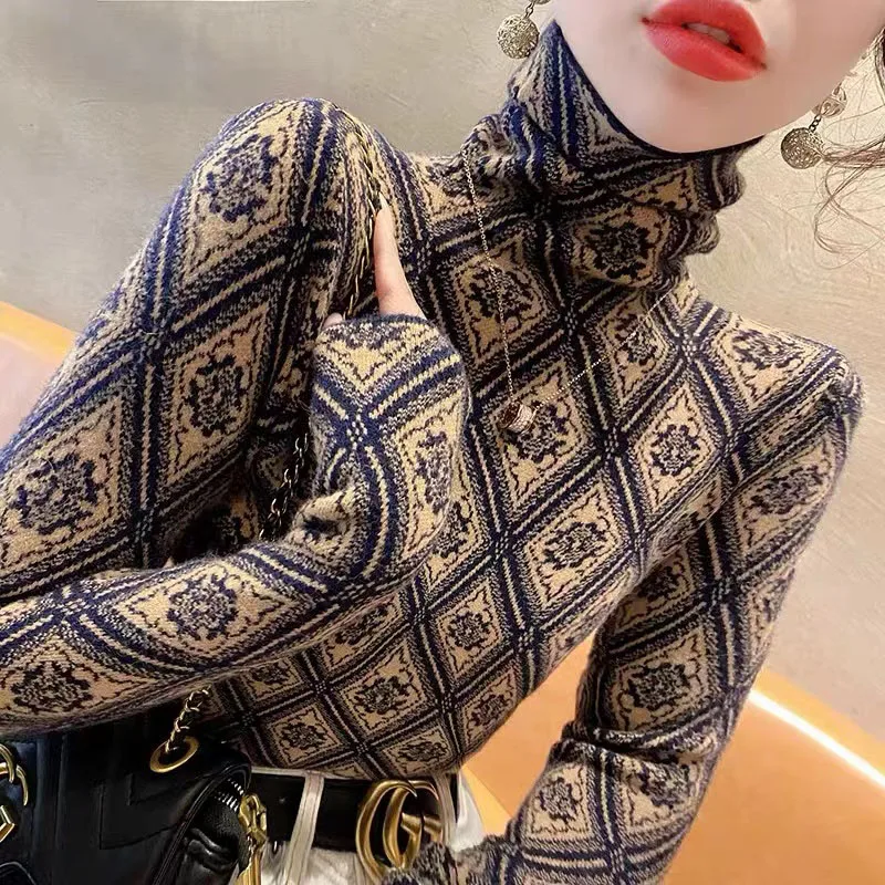 

Winter Vintage Chic Y2k Slim Sweaters Turtleneck Warm Elasticity Soft Comfortable Knitwear Plaid Jacquard Knitted Pullovers