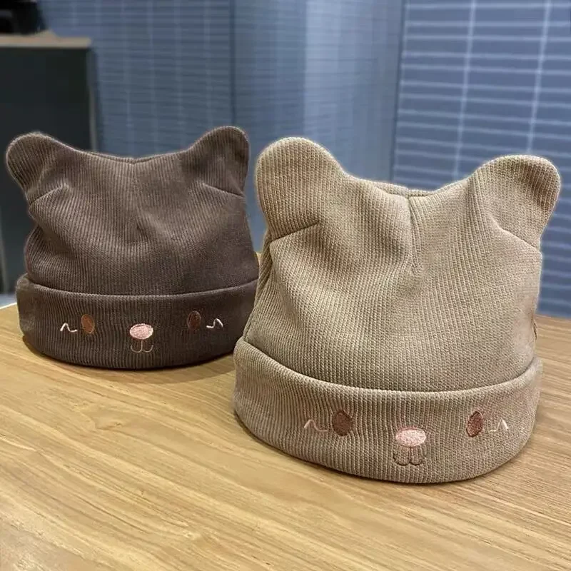 Winter Warm Cat Ears Hats Women Cute Korean Cartoon Knitted Cap Female Outdoor Windproof Version Pullover Ear Protection Beanies