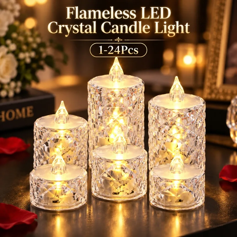 1-24Pcs Flameless LED Crystal Candle Light Battery Operated Electronic Tea Light for Wedding Birthday Christmas Home Table Decor