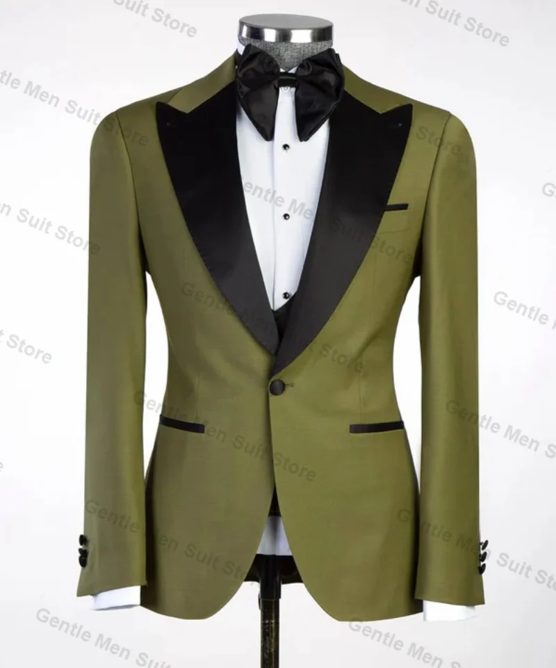 Formelle grüne Männer Anzüge Set 3 Stück Baumwolle Blazer Weste Hose Büro Abschluss ball Bräutigam Hochzeit Smoking Mantel maßge schneiderte Business-Jacke