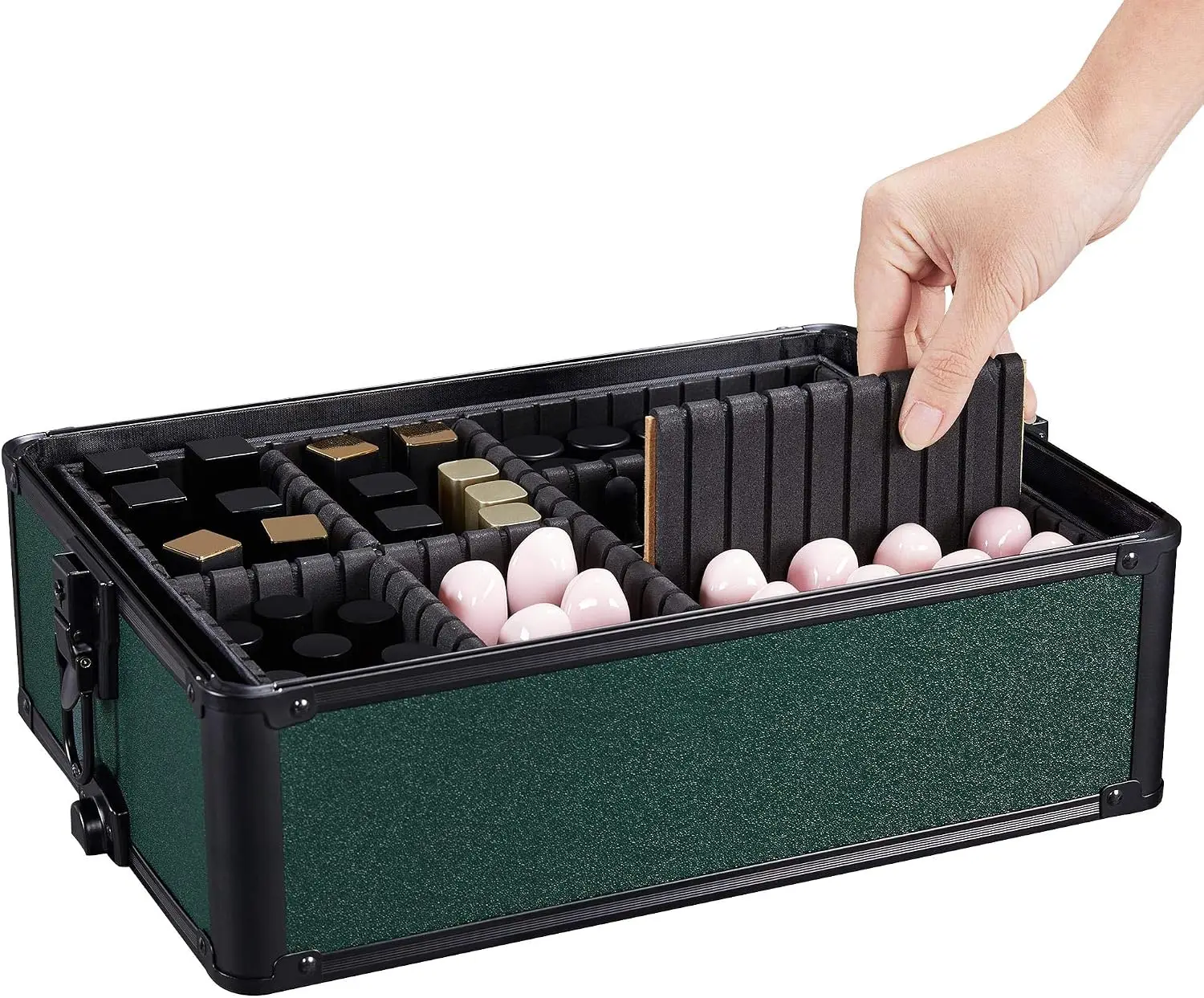 4 In 1 Rolling Makeup Train Case, Lockable Green Cosmetology Cart Aluminum Framed Cosmetic Trolley On Swivel Wheels With Stackable Accordion Trays For Nail Makeup Supplies Storage, Green view 7