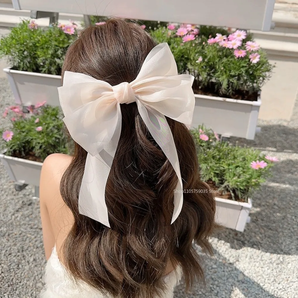 Sweet Satin Bowknot Spring Clip for Women Girls Black Streamer Headgear Cream Mesh Bow Hairpin Hair Accessories New Headwear