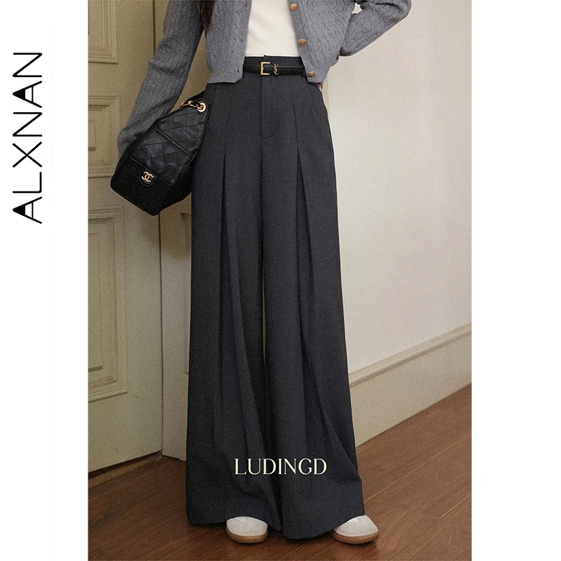 

ALXNAN Gray Wide-leg Pants Women's Autumn High-waist Office Lady Suit Pants Fall Casual Pleated Baggy Trousers Female L57262