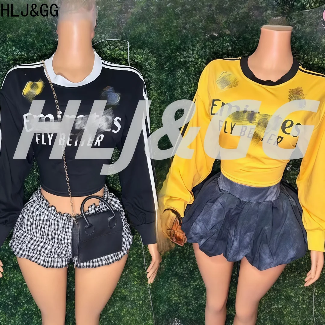 HLJ&GG Y2K Fashion Retro Letter Printing Pullover Two Piece Sets Women O Neck Long Sleeve Top + Ruched Shorts Outfits Streetwear