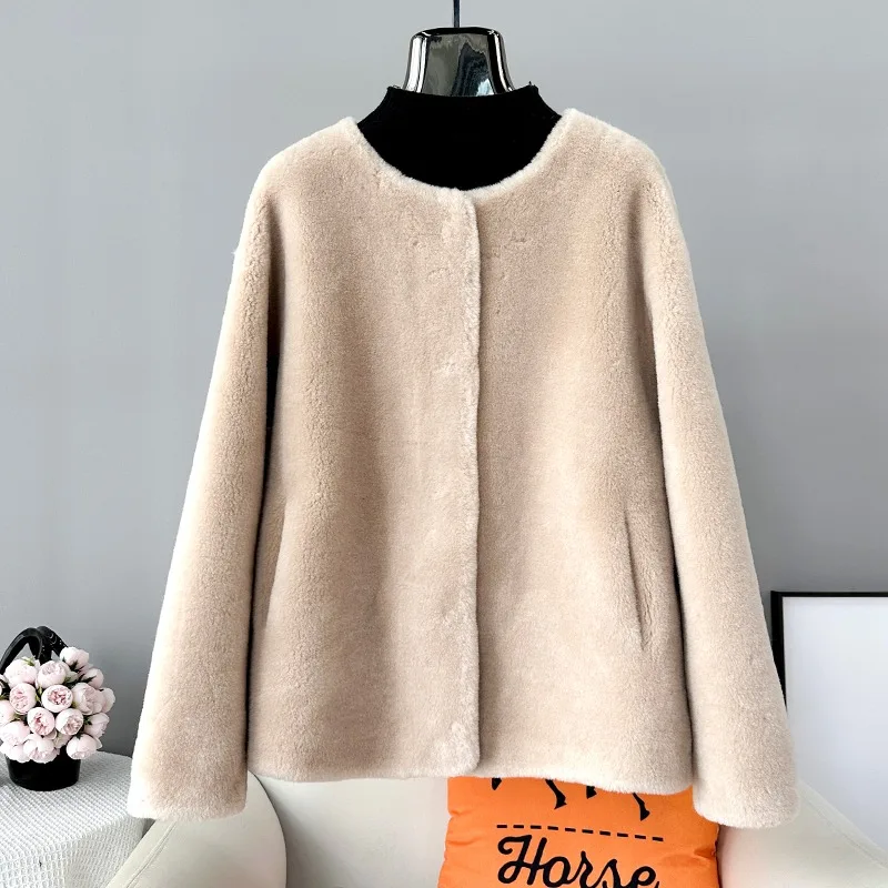 JT414-abrigo cálido de piel de lana Real para mujer, Chaqueta corta de pelo de oveja, moda de invierno, 2023