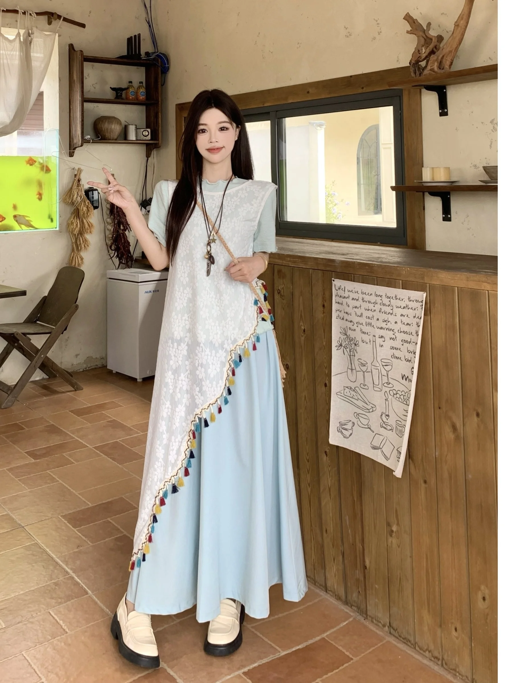 

Retro Tassel Hollow out High Waist Draped Skirt for plus Size Women Ele A-Line Skirt Korean Sle Commute Faion