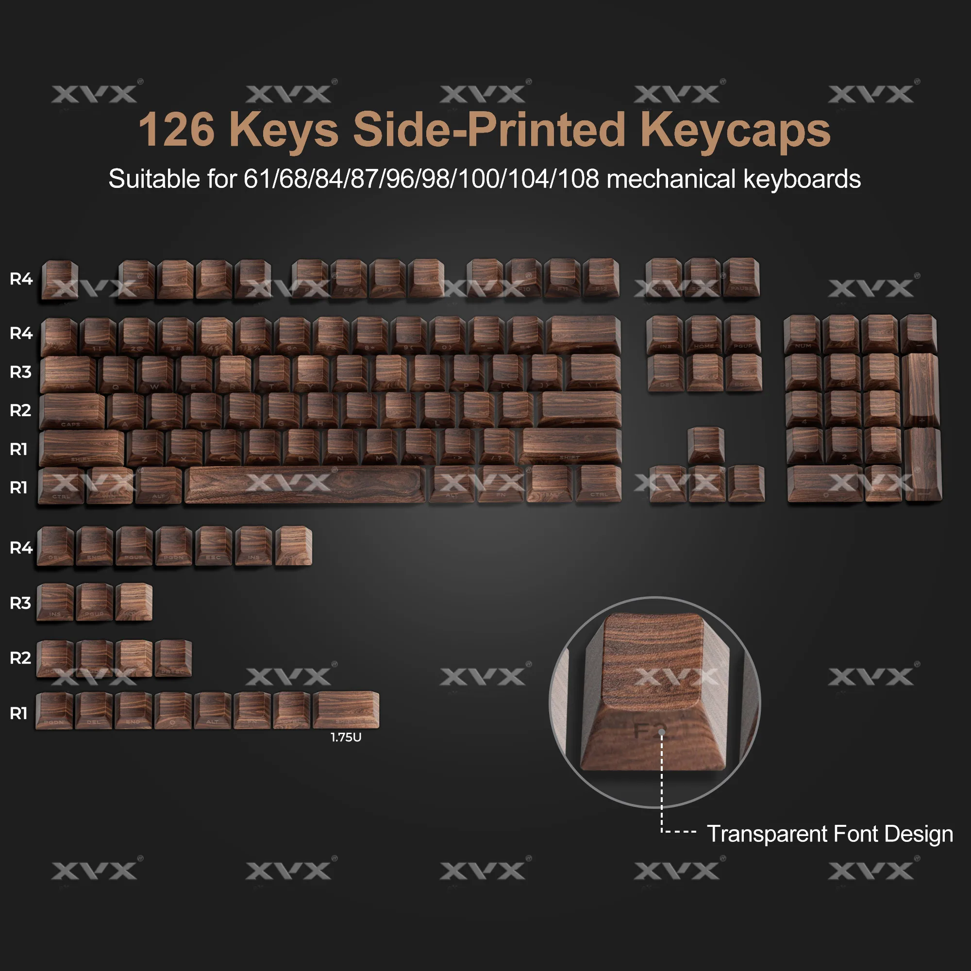 Custom XVX Side Print Backlit Wooden Pattern 5 Side Dye Sub PBT Keycap RGB Cherry Profile 126 Keys for Cherry MX Keyboard Gift