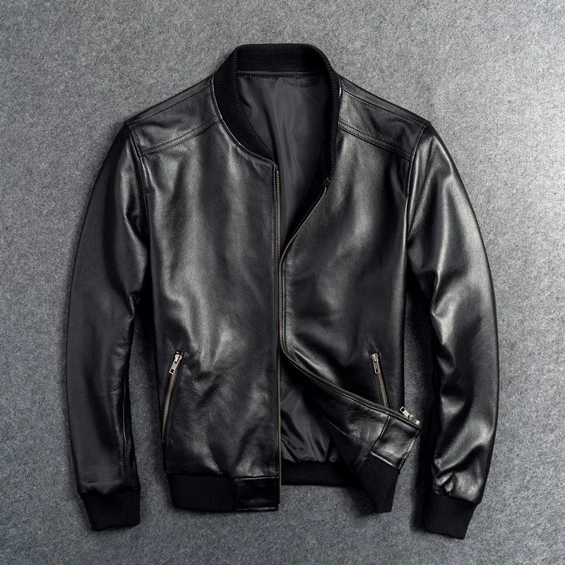 leather men's top layer pure baseball motorcycle casual coat stand-up collar