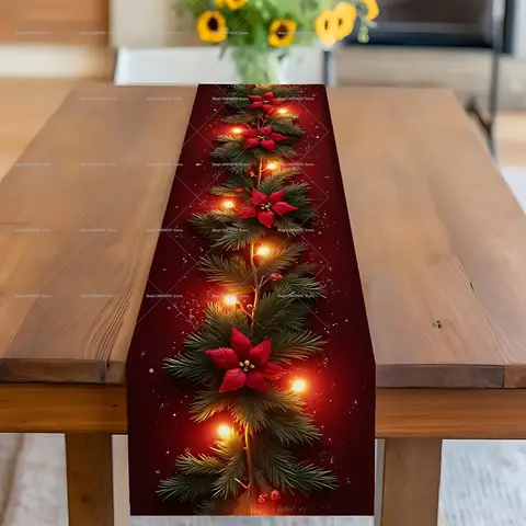Luminous Christmas Flower Pine Branch Table Runner Red Background Printed With Lighted Pine Branches And Poinsettia Pattern