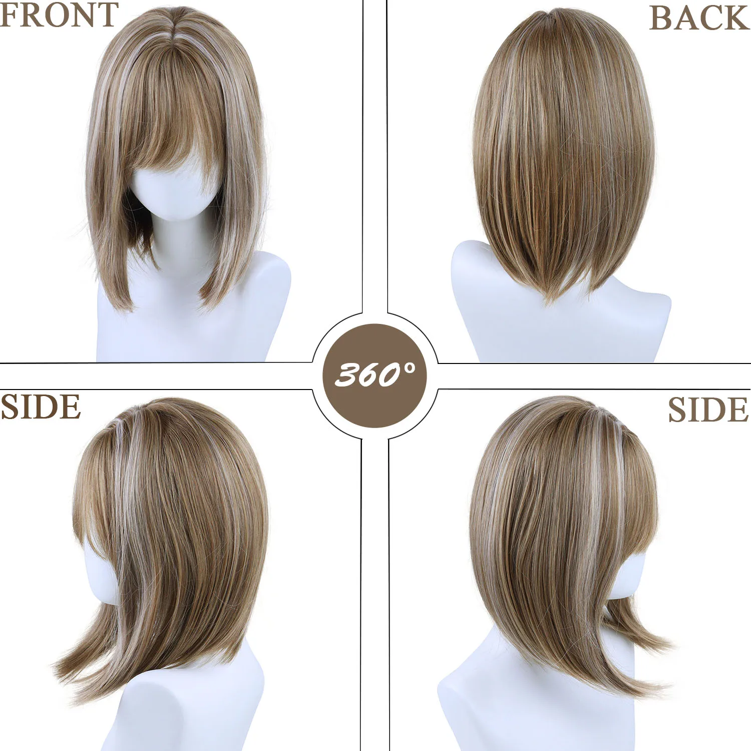 باروكة بنية قصيرة مع غرة، باروكات صناعية مستقيمة للنساء، ناعمة وسهلة الارتداء، شعر مستعار للفتيات للحفلات التنكرية اليومية للهالوين