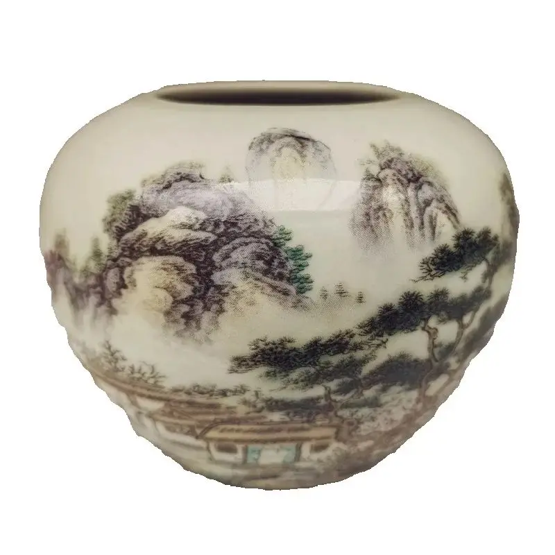 Chinese Old Porcelain Vase round Storage Tank Mountain Village Pattern Traditional Decorative Item collection