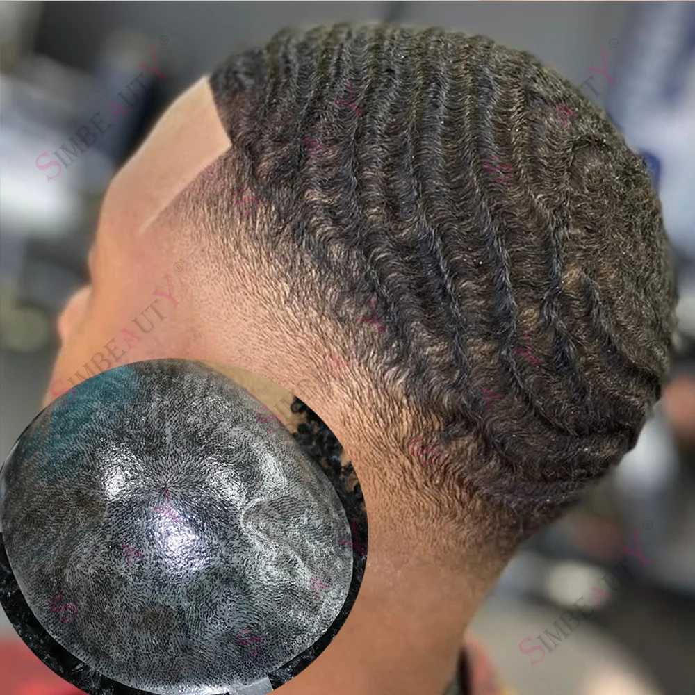 

Необнаружимый прочный полный 0,1 мм PU афро 15 мм глубокая волна 1B10 черный серый система замены человеческих волос 360 волнистый вьющийся мужской парик