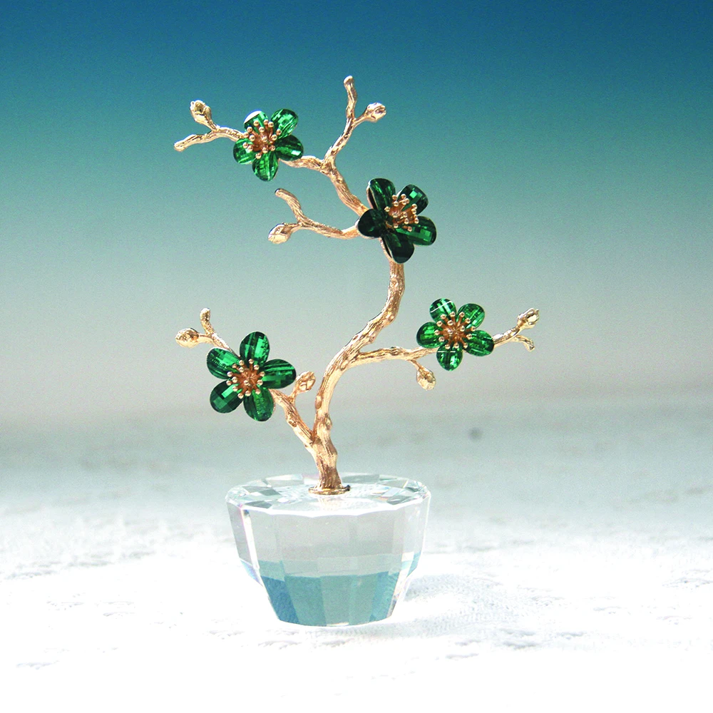 K9 Crystal Plum Flower Ornament with Pot Base Glass Artificial Simulation Flower for Home Wedding Party Decor Souvenir Gift