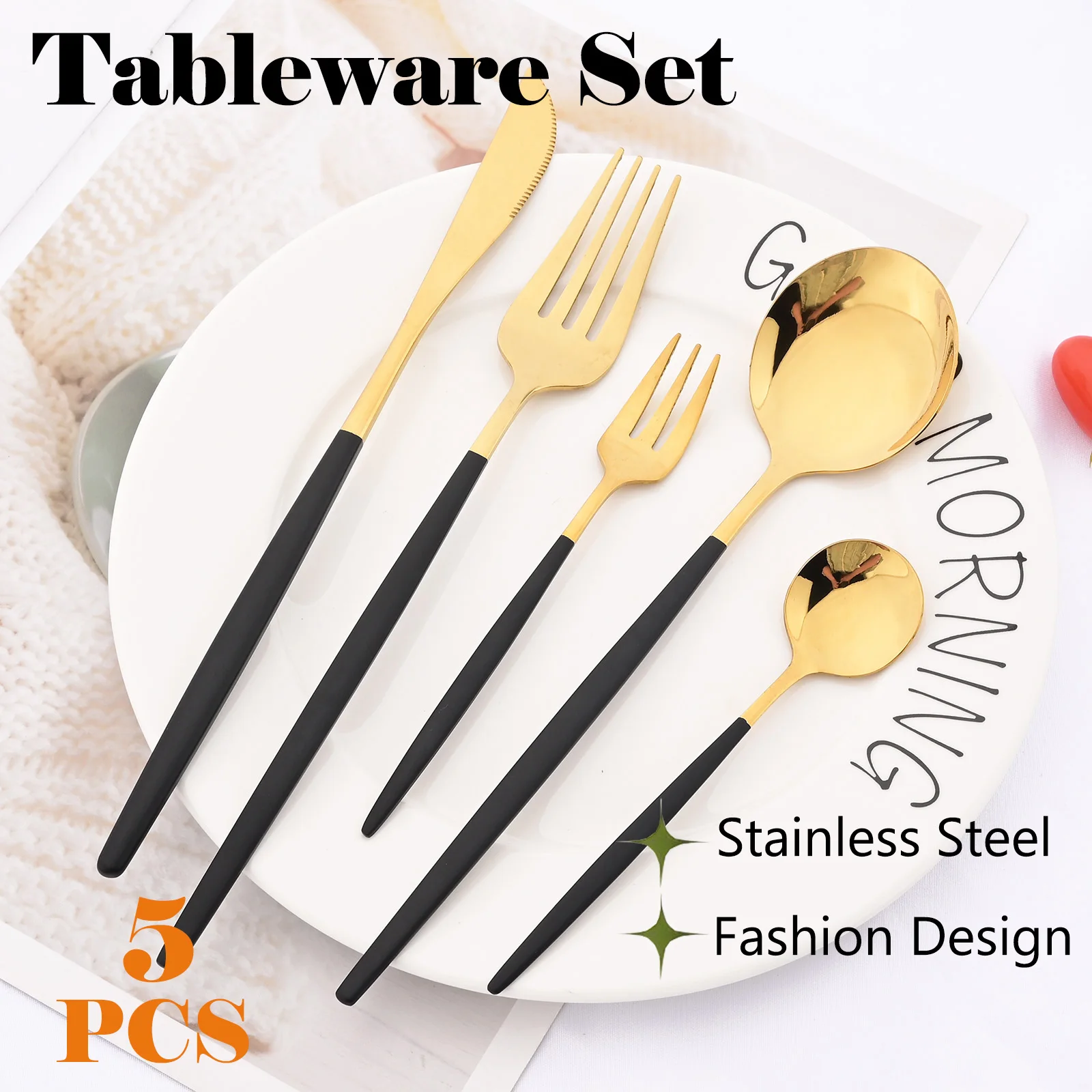 5-teiliges Edelstahl-Besteckset in Schwarz-Gold, Messer, Obstgabel, Teelöffel, Küchen-Tafelbesteck, Silberbesteck-Set