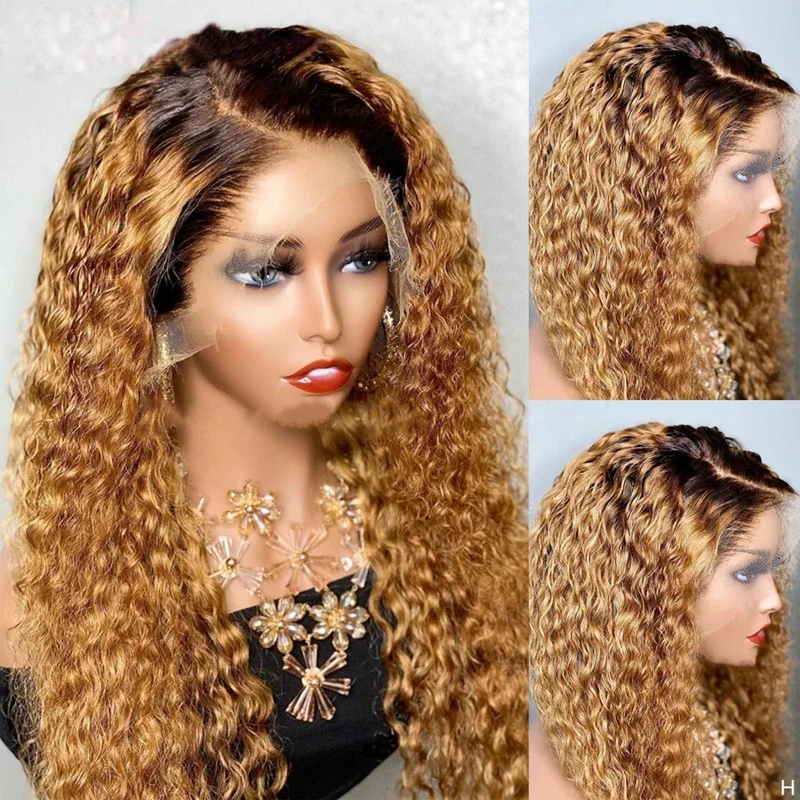 Ombre Brown Soft Glueless 180Density 26Inch Long Kinky Curly Deep Lace Front Wig For Women With Baby Hair Preplucked Daily