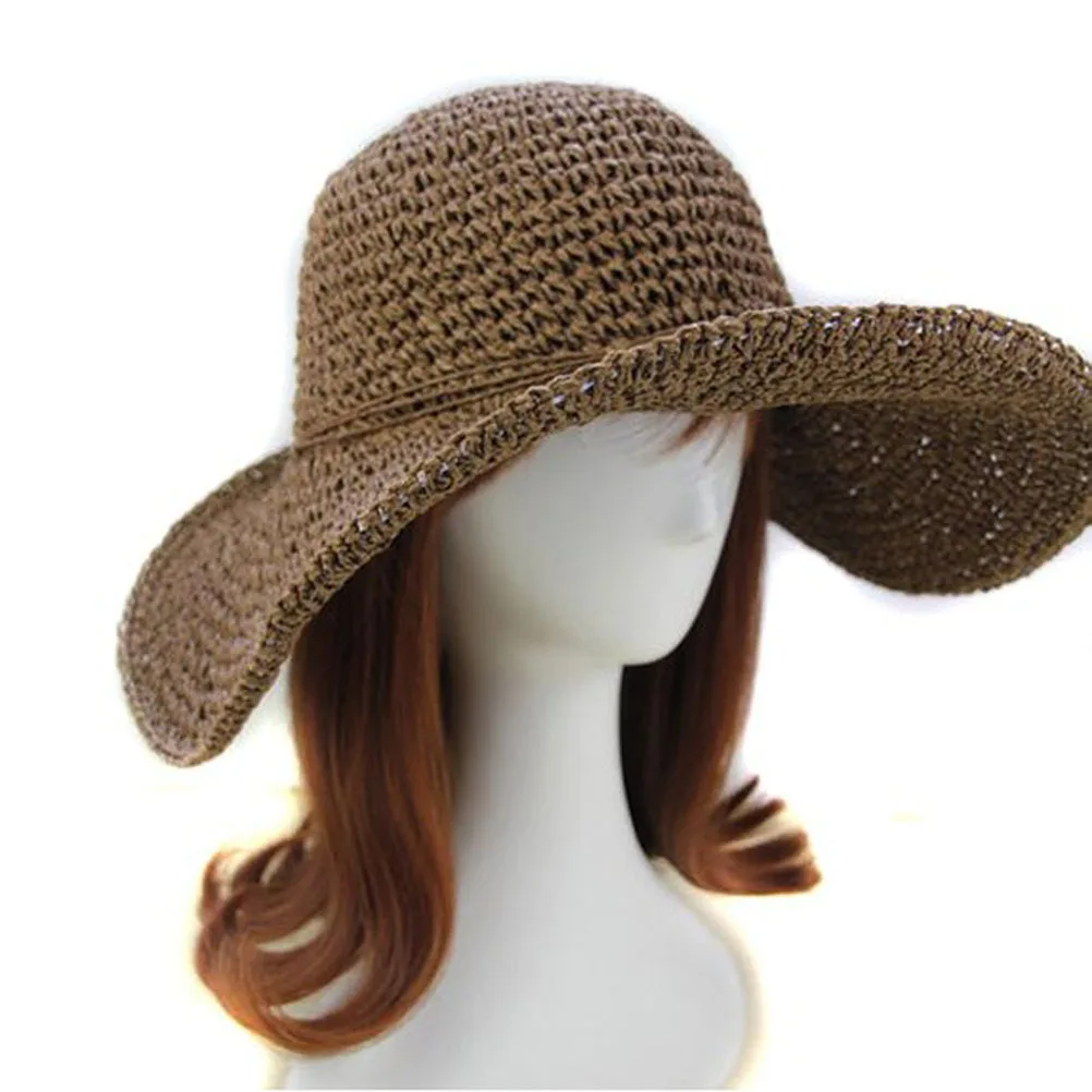 واسعة مرنة حافة قبعة الشمس 56-58 سنتيمتر محيط 15 سنتيمتر حافة 10 سنتيمتر الارتفاع القهوة اللون طوي القش المرأة قبعة المرأة قبعة الشمس