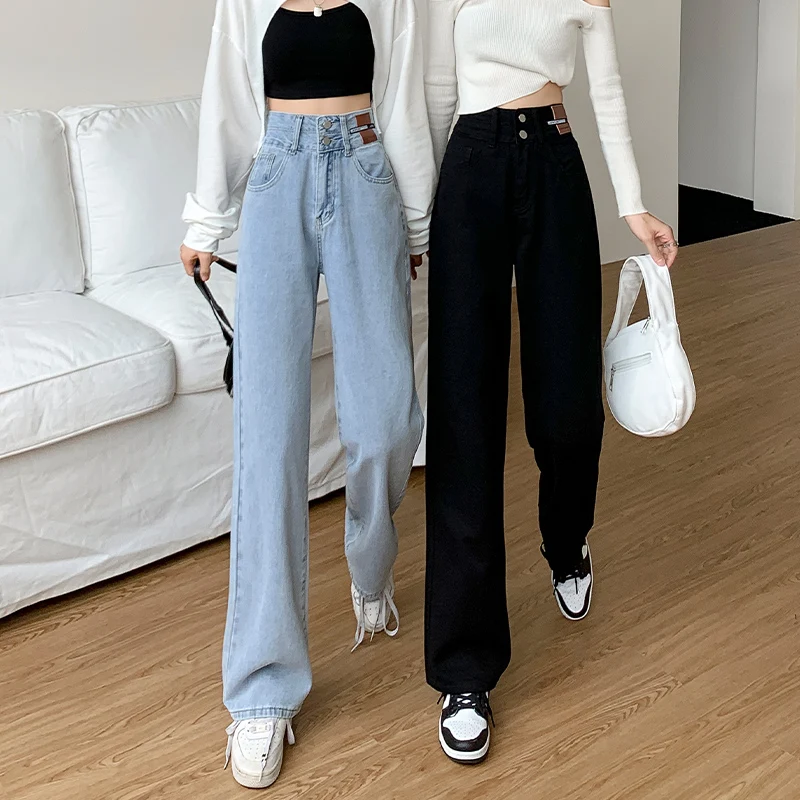 

Женские джинсы с высокой талией, свободные, широкие, весенне-осенние, новые, стройнящие, больших размеров, удобные, в пол